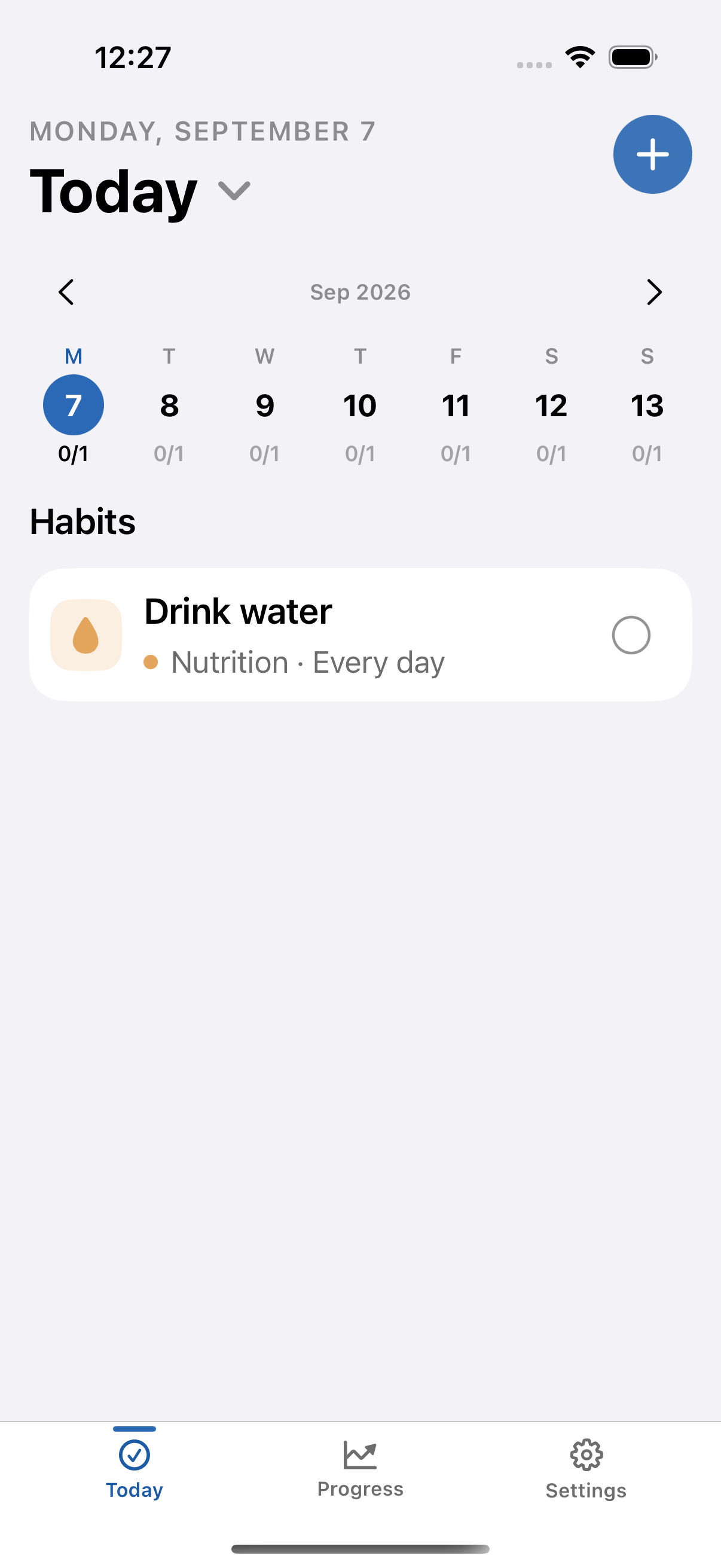 Building Habits Today screen showing one synthetic incomplete habit named Drink water.